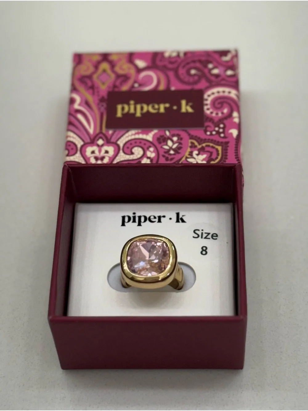 Piper Gold-Tone Ring with Blush Pink Cushion Stone 8 NIB